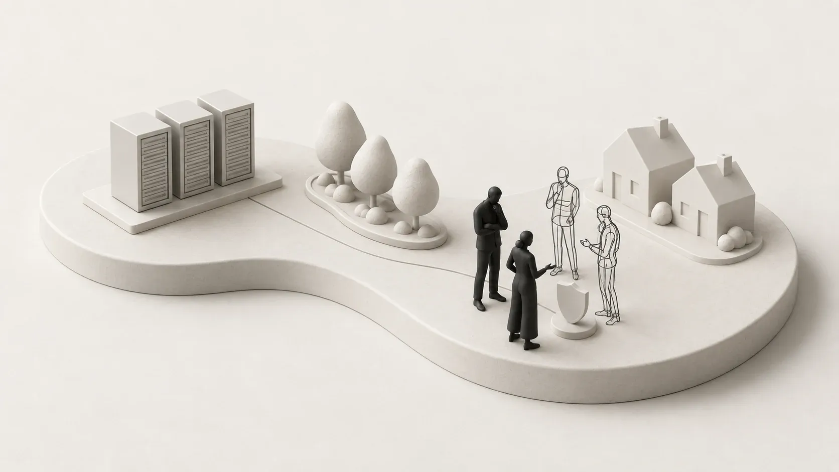 Ivory data-center forms, landscaping and homes beside solid and outlined people reviewing a local proposal.