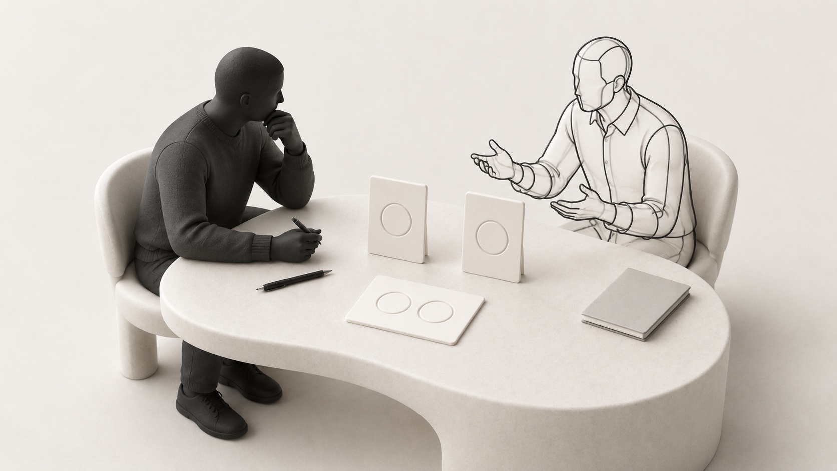 A charcoal interviewer and outlined counterpart beside one double-circle question card and two separate single-circle cards.