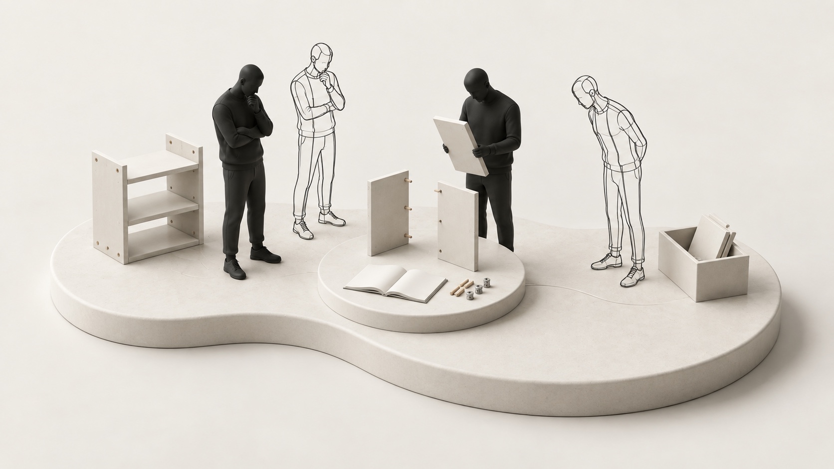 Solid and outlined people inspecting loose storage-unit boards, dowels and a blank instruction booklet beside a partially assembled shelf.