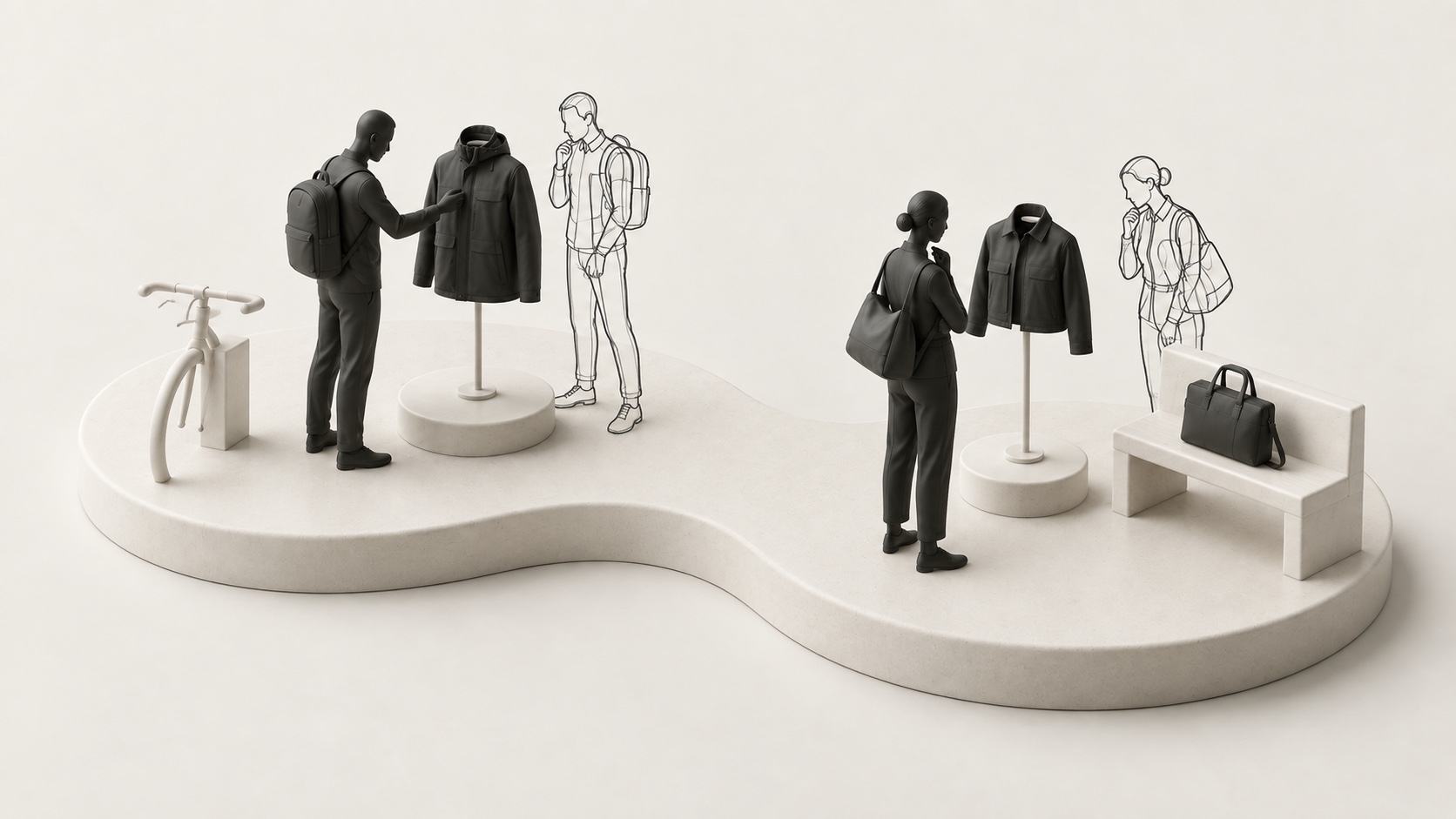 Solid and outlined commuters consider two jacket forms beside a cycle and a work bag.