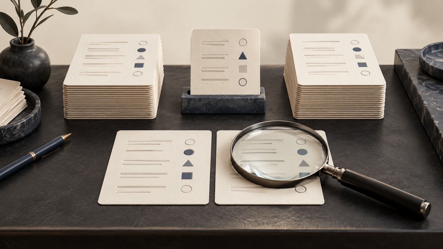 Response cards arranged for review, with two cards under a magnifying glass and an unresolved card on a stand.