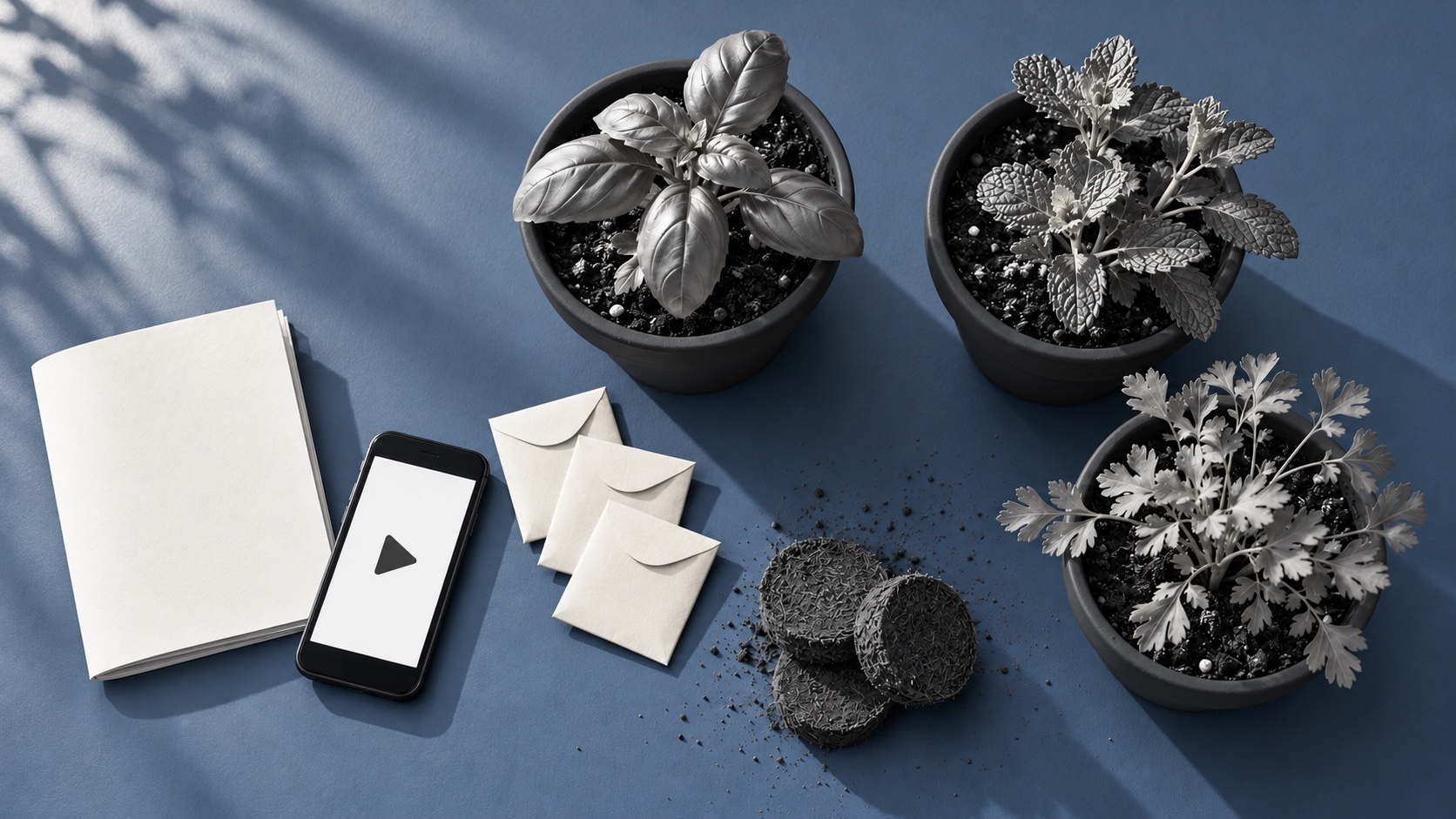 Three herb pots, seed envelopes and compost beside a printed booklet and a phone with a play symbol, illustrating the Canopy kit’s instruction-format choice in Vensia’s slate, ivory and carbon palette.