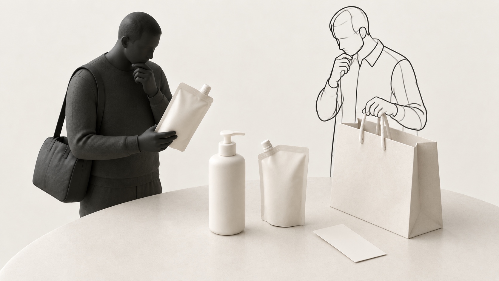 A reusable bottle, two separate refill pouches, plain shopping bag and blank receipt beside charcoal and outlined buyers.