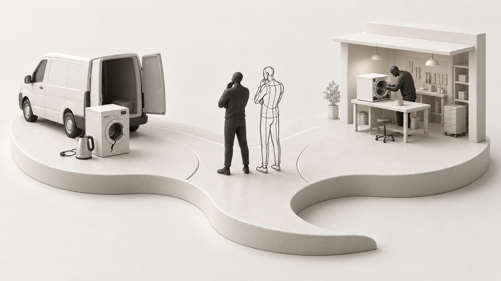 An appliance collection van and a separate repair workbench beside solid and outlined people on ivory terrain.