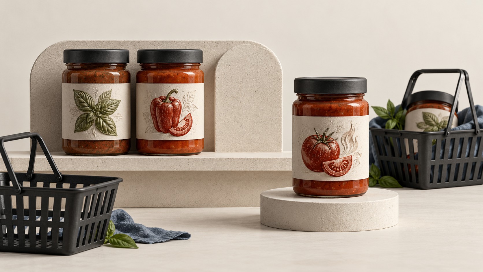 A sauce range with one jar separated from the shelf and shopping baskets beside the remaining choices.