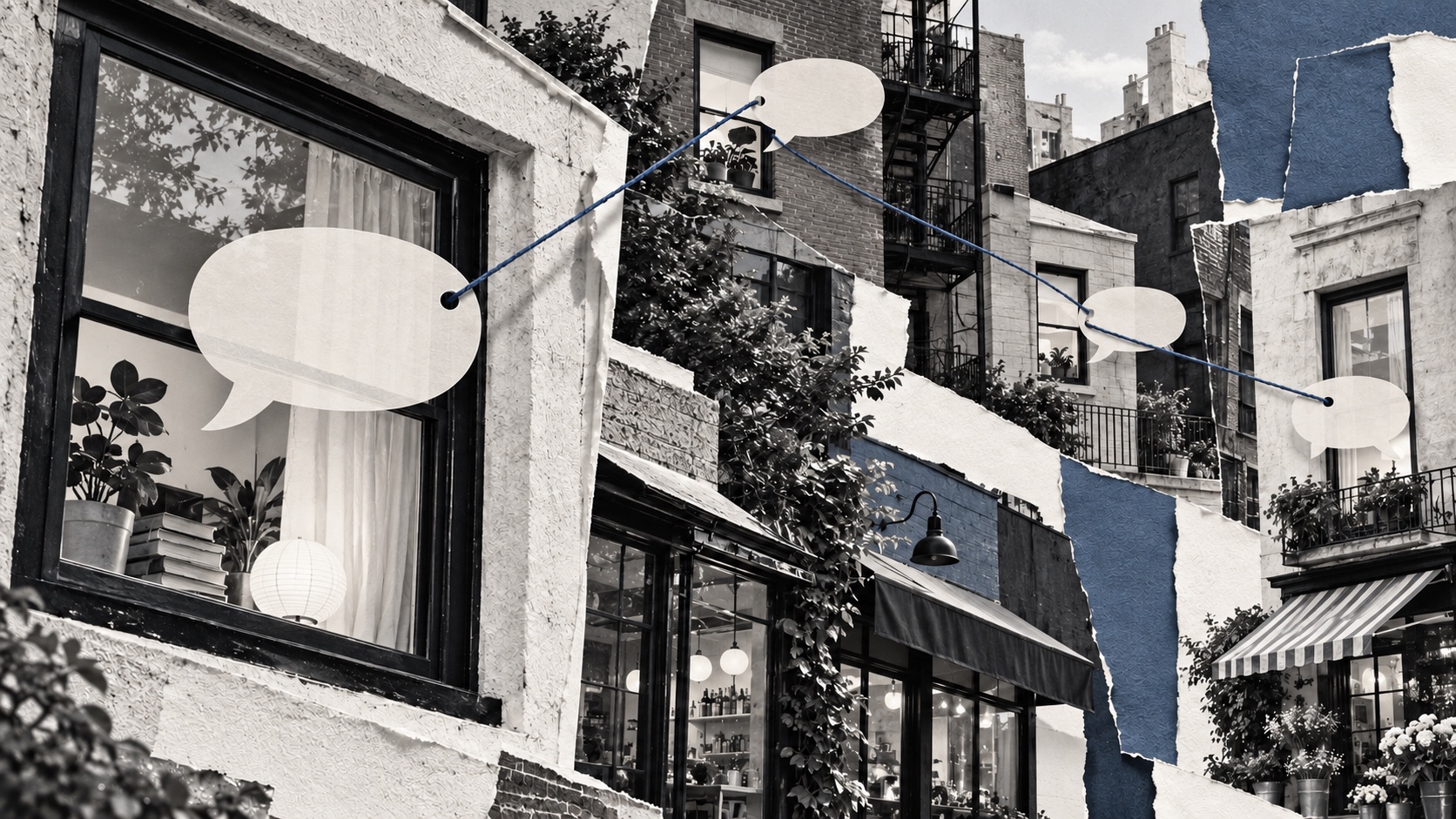 Editorial collage of apartment and shop windows connected by slate threads and blank speech shapes, showing a message moving through a neighborhood.