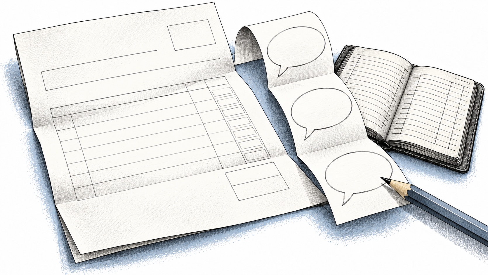 Pen-and-ink illustration of a blank invoice, ledger and conversation strip, connecting product questions to a first-invoice onboarding decision.