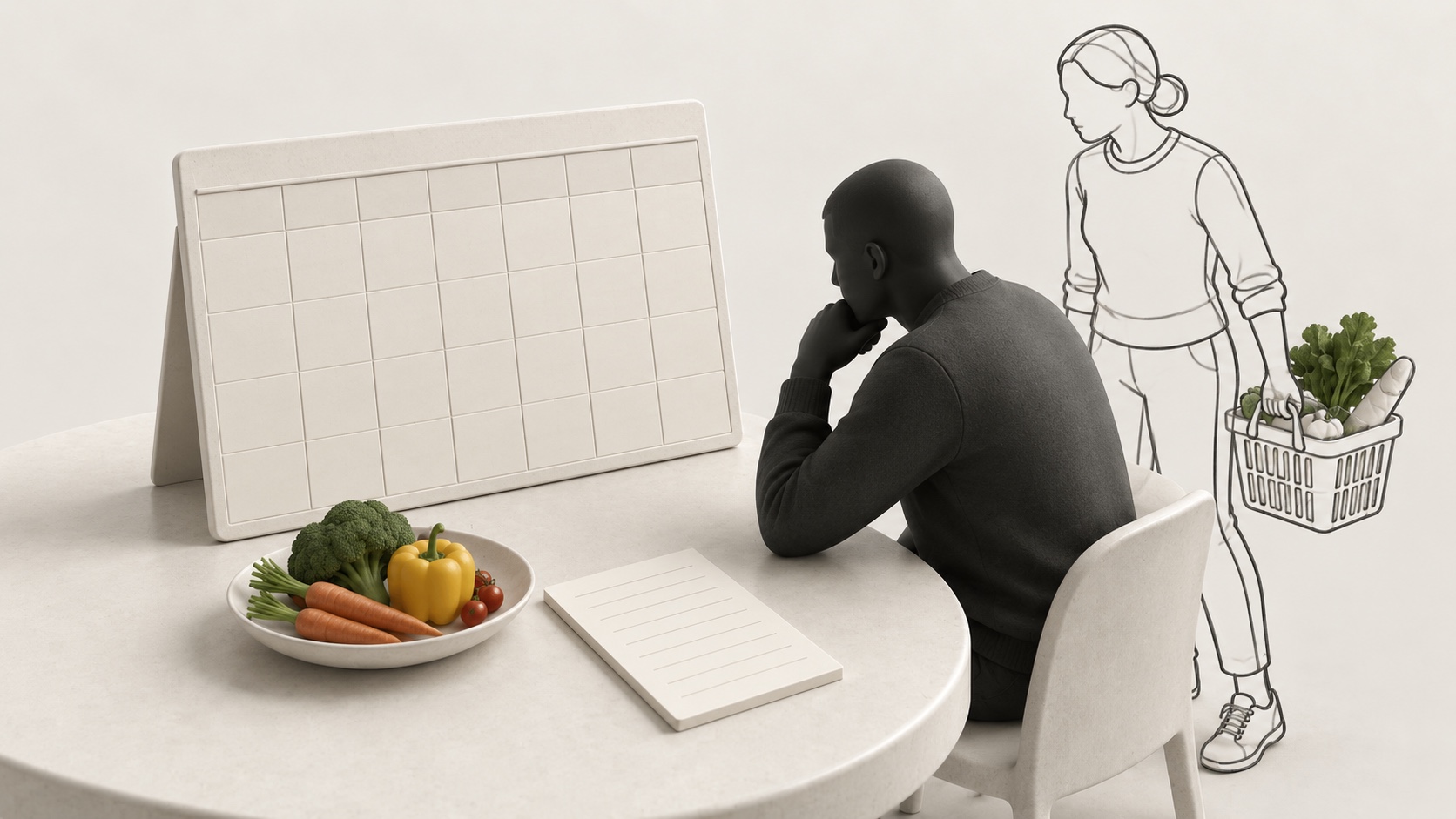 Illustration of a person considering a meal planner and grocery list, beside an outlined shopper with a basket.